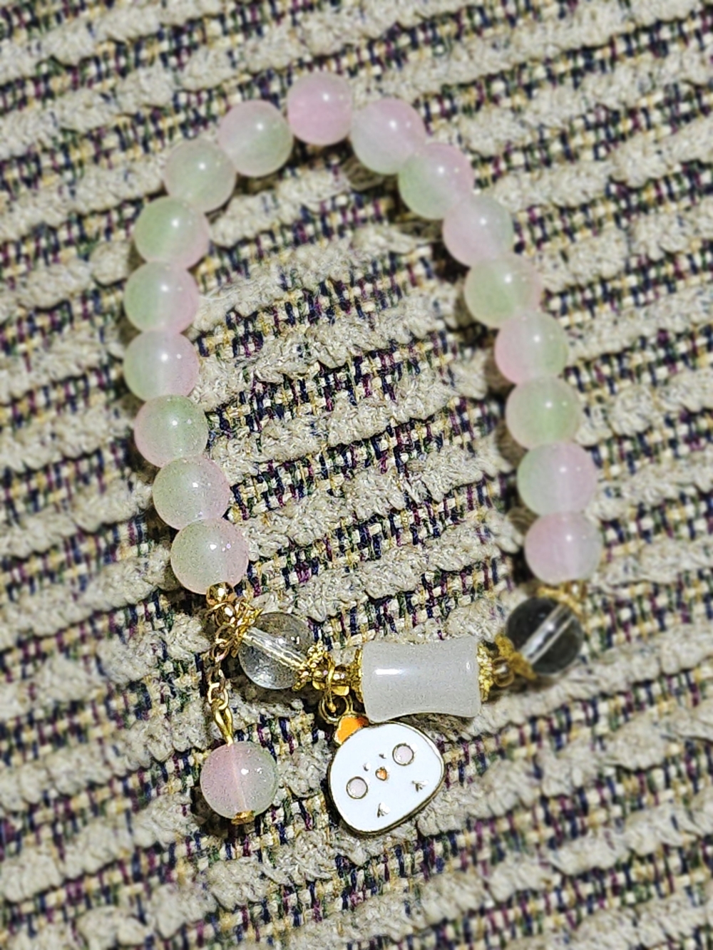 2/15$ Pink & Pale Green Beaded Charm Bracelet